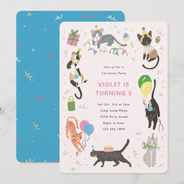 Invitación Fiesta de cumpleaños para gatos gatos-tárticos (Anverso / Reverso)