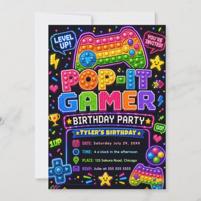 Invitación Fiesta de cumpleaños para jugador de Pop It (Anverso)