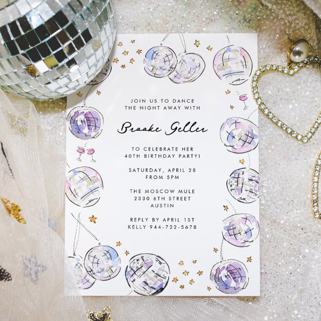 Invitación Fiesta de cumpleaños para la acuarela de la bola d (Stunning watercolor disco balls frame this birthday party invitation in lovely purple and pink hues.)