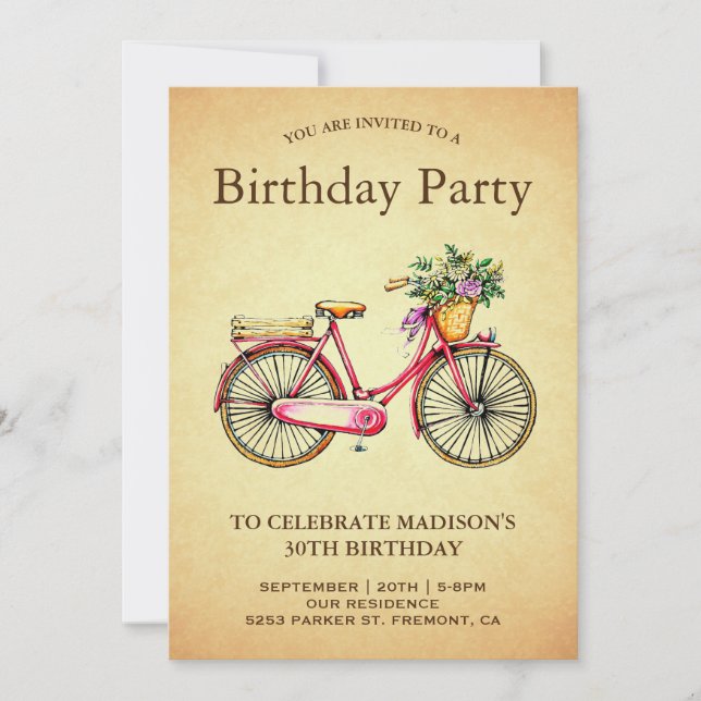 Invitación Fiesta de cumpleaños para la bicicleta floral rosa (Anverso)