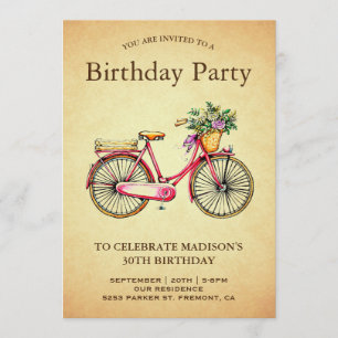 Invitación Fiesta de cumpleaños para la bicicleta floral rosa