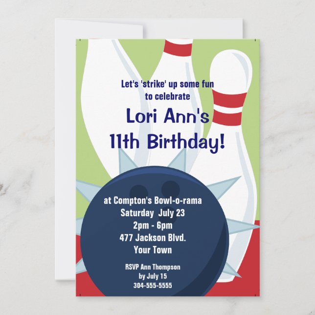 Invitación Fiesta de cumpleaños para la bolera del Personaliz (Anverso)