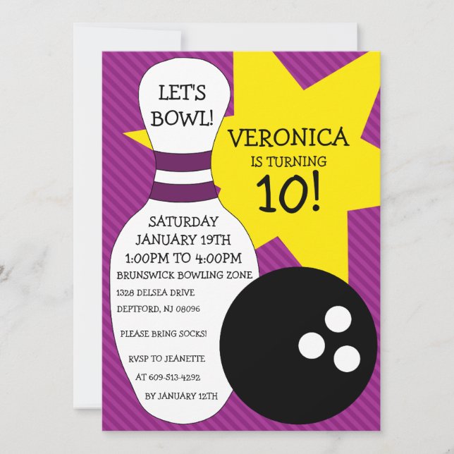 Invitación Fiesta de cumpleaños para la bolera púrpura de plu (Anverso)