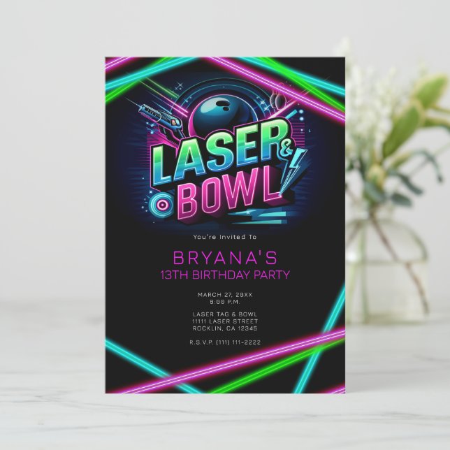 Invitación Fiesta de cumpleaños para la etiqueta láser y Bowl (Anverso de pie)