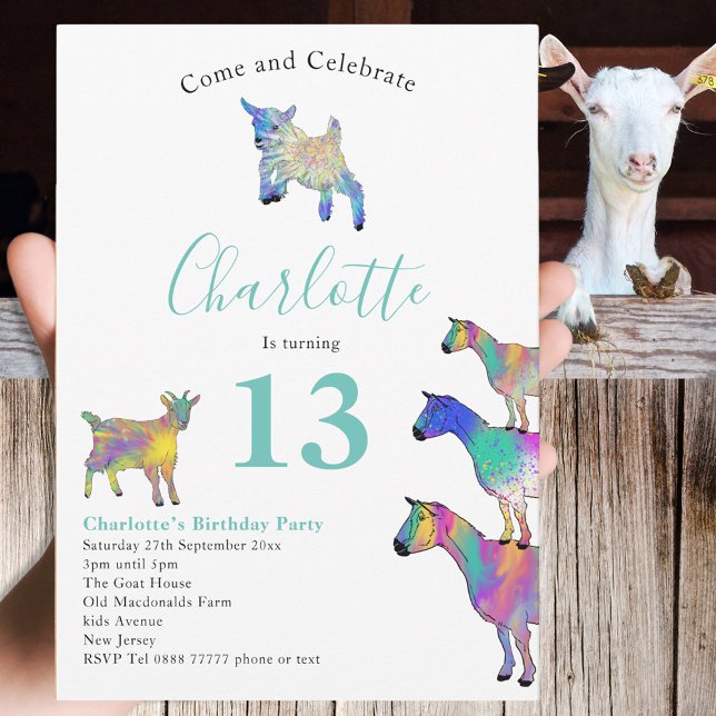 Invitación Fiesta de cumpleaños para los amantes de los anima (Cute goats colorful farm animal art 13th birthday party invitation )