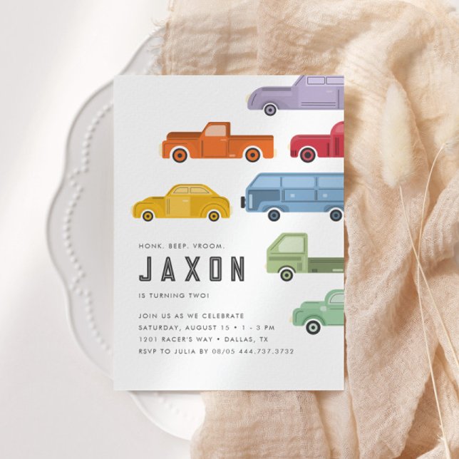 Invitación Fiesta de cumpleaños para los niños de los autos d (Modern, bright & fun colors for kids!)