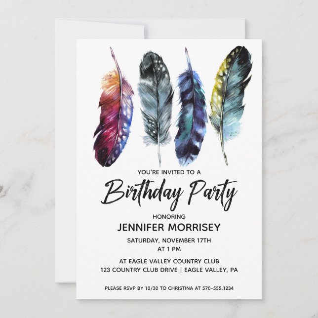 Invitación Fiesta de cumpleaños para mujeres plumas de estilo (Anverso)