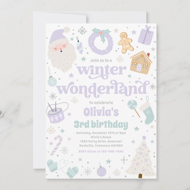 Invitación Fiesta de cumpleaños para Navidades morados de Win (Anverso)