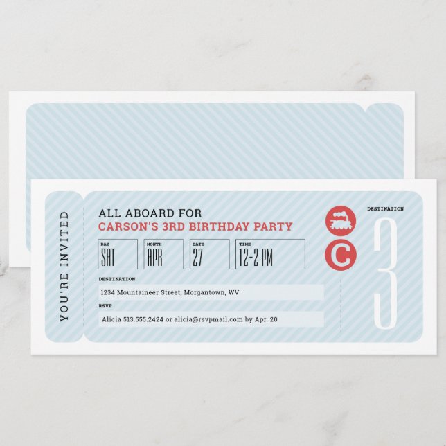 Invitación Fiesta de cumpleaños para niños con boletos de tre (Anverso / Reverso)