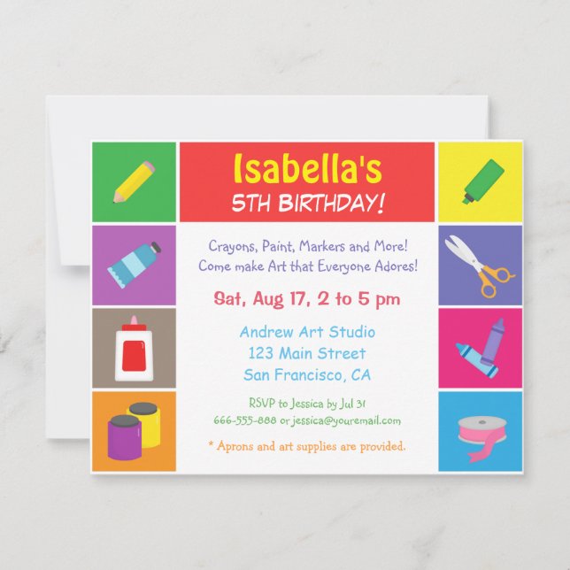 Invitación Fiesta de Cumpleaños para Niños con Tema de Artes  (Anverso)