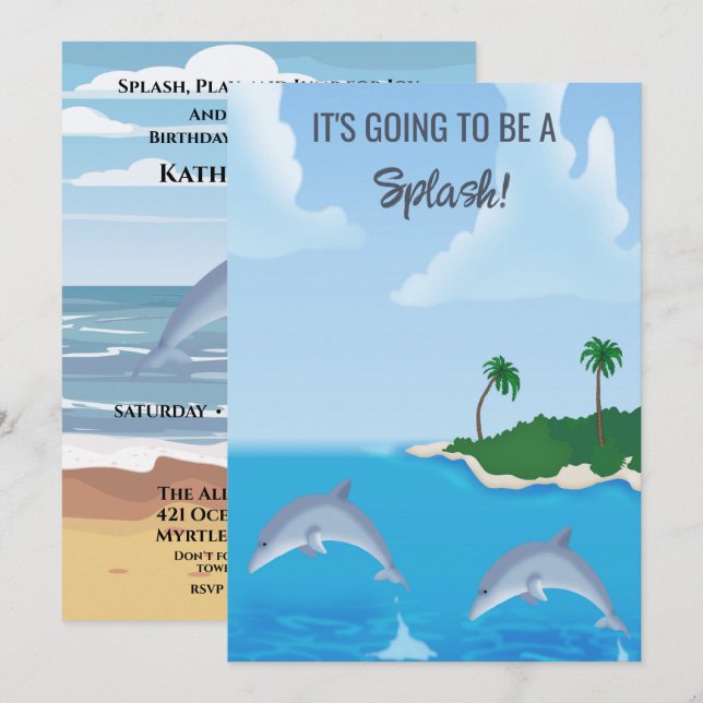 Invitación Fiesta de Cumpleaños para Niños Dolphin Beach (Anverso / Reverso)