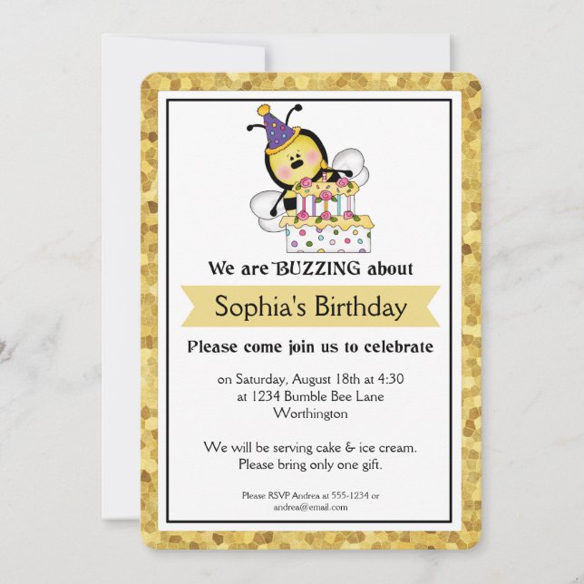 Invitación Fiesta de cumpleaños para niños, pequeña abeja de  (Anverso)