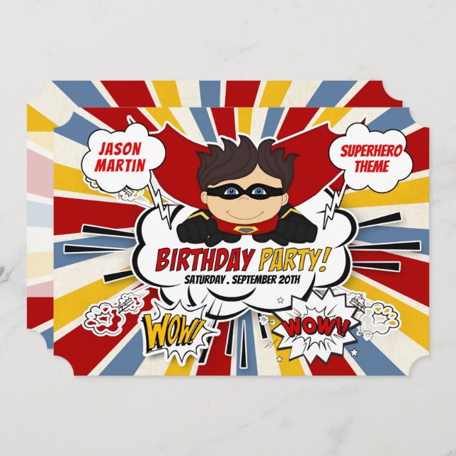 Invitación Fiesta de cumpleaños para niños Super Comic Rojo (Anverso / Reverso)