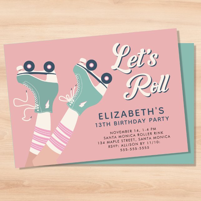 Invitación Fiesta de cumpleaños para patinar sobre patinaje s (A roller skating birthday party invitation with a cool retro vibe)