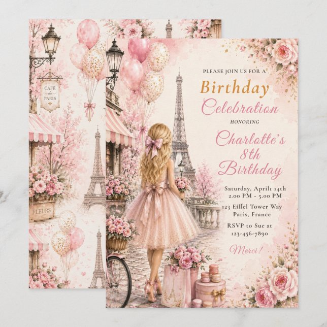 Invitación Fiesta de Cumpleaños París Rosa (Anverso / Reverso)