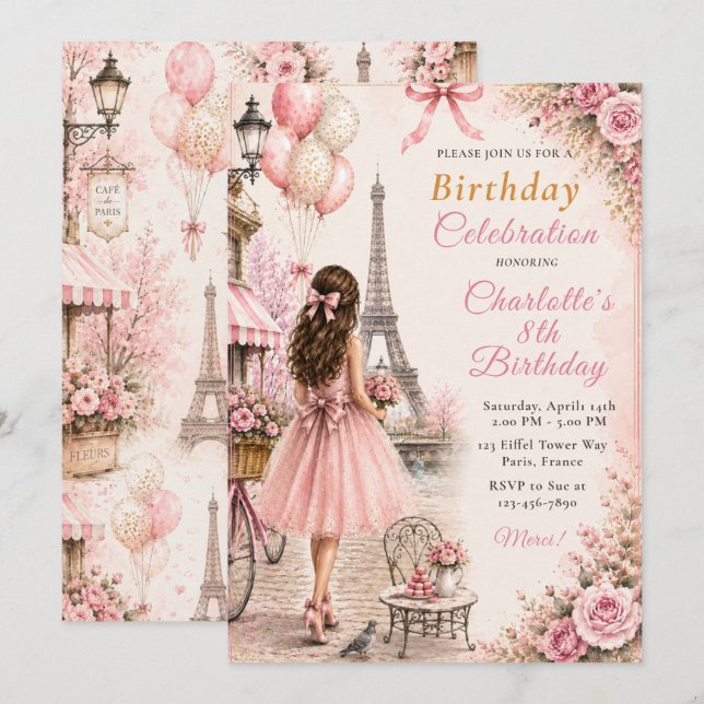 Invitación Fiesta de Cumpleaños París Rosa (Anverso / Reverso)