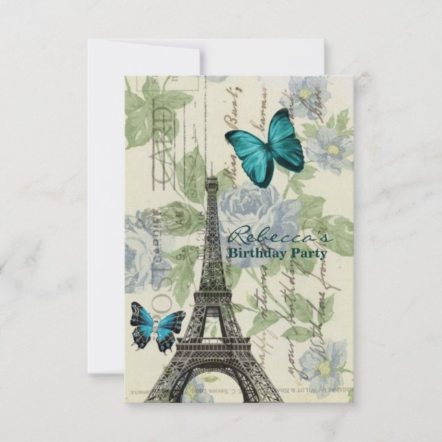 Invitación fiesta de cumpleaños parisina de la Torre Eiffel (Anverso)