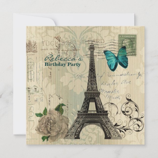 Invitación fiesta de cumpleaños parisina de la Torre Eiffel (Anverso)