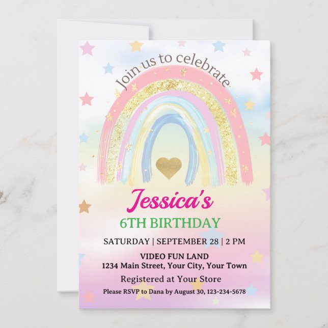 Invitación Fiesta de Cumpleaños Pastel Boho Arcoíris (Anverso)
