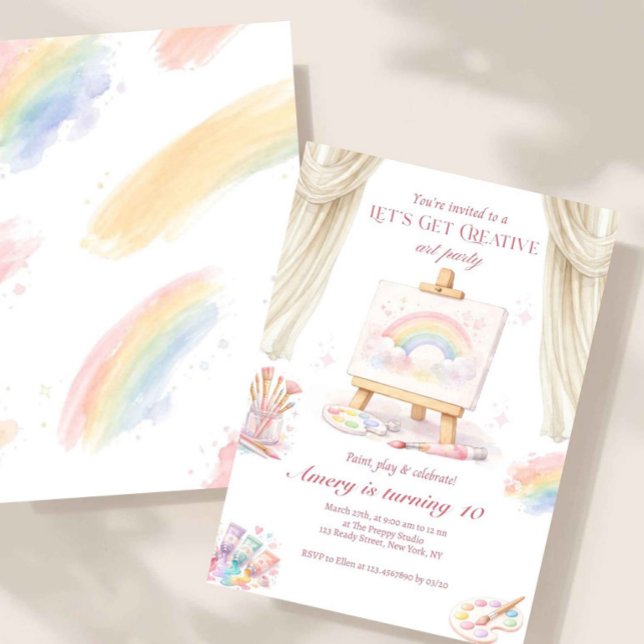 Invitación Fiesta de Cumpleaños Pastel Creativo Arcoíris de A (art party invitation, painting birthday invite, kids art birthday party, pastel rainbow invite, crea)