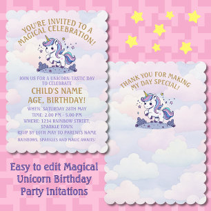 Invitación Fiesta de Cumpleaños Pastel de Unicornio Mágico