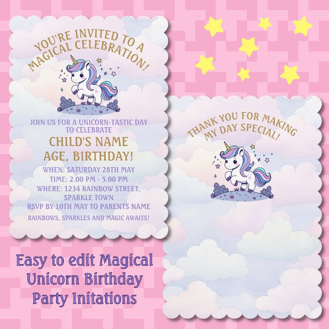 Invitación Fiesta de Cumpleaños Pastel de Unicornio Mágico (Subido por el creador)