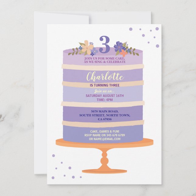 Invitación Fiesta de Cumpleaños Pastel Morado Invitan A Cualq (Anverso)