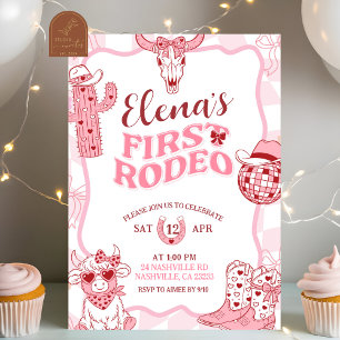 Invitación Fiesta de cumpleaños Pastel Retro First Rodeo
