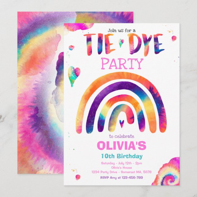 Invitación Fiesta de cumpleaños Pastel Tie Dye Hippy Fiesta (Anverso / Reverso)