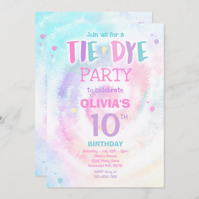 Invitación Fiesta de cumpleaños Pastel Tie Dye Hippy Fiesta (Anverso / Reverso)