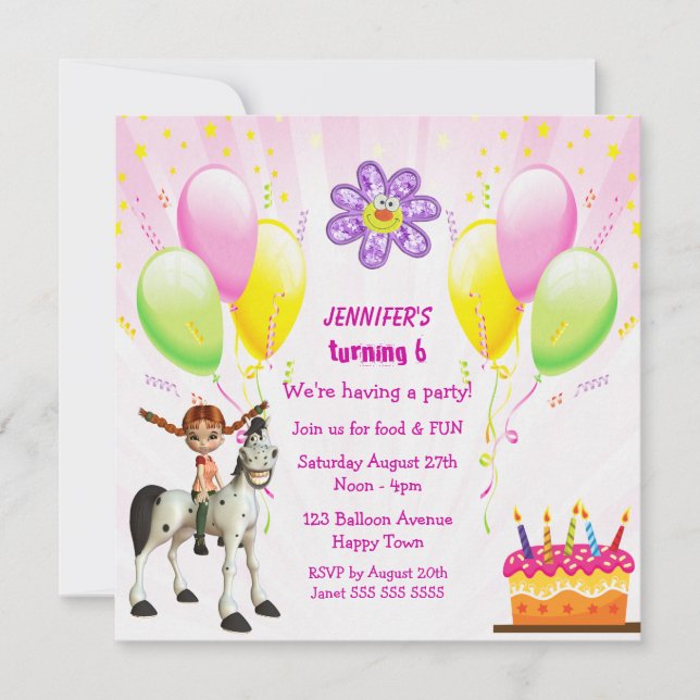 Invitación Fiesta de cumpleaños, pastel y globos (Anverso)