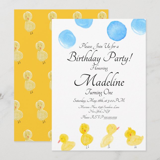 Invitación Fiesta de Cumpleaños Pato de Goma Pintado a la Acu (Anverso / Reverso)