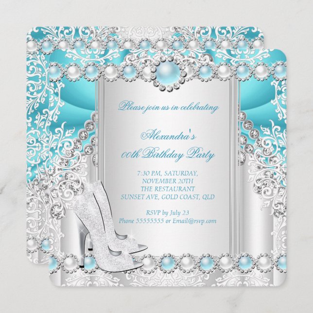 Invitación Fiesta de cumpleaños Pearl 2 de Silver verde azula (Anverso / Reverso)