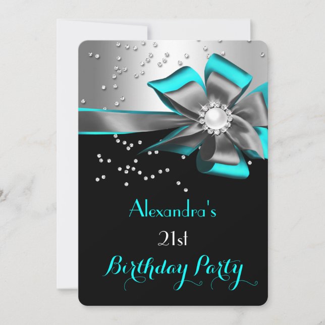 Invitación Fiesta de cumpleaños perla arco negro plata Aqua T (Anverso)