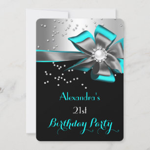 Invitación Fiesta de cumpleaños perla arco negro plata Aqua T