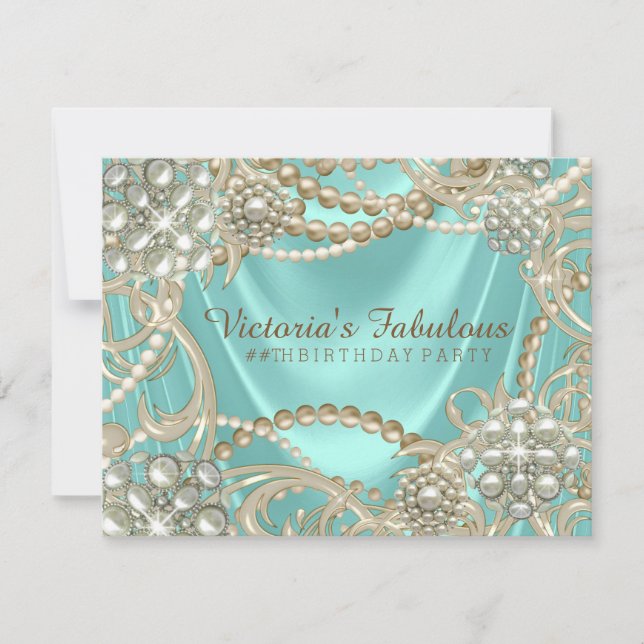 Invitación Fiesta de Cumpleaños Perla Azul Turquesa Marfil (Anverso)