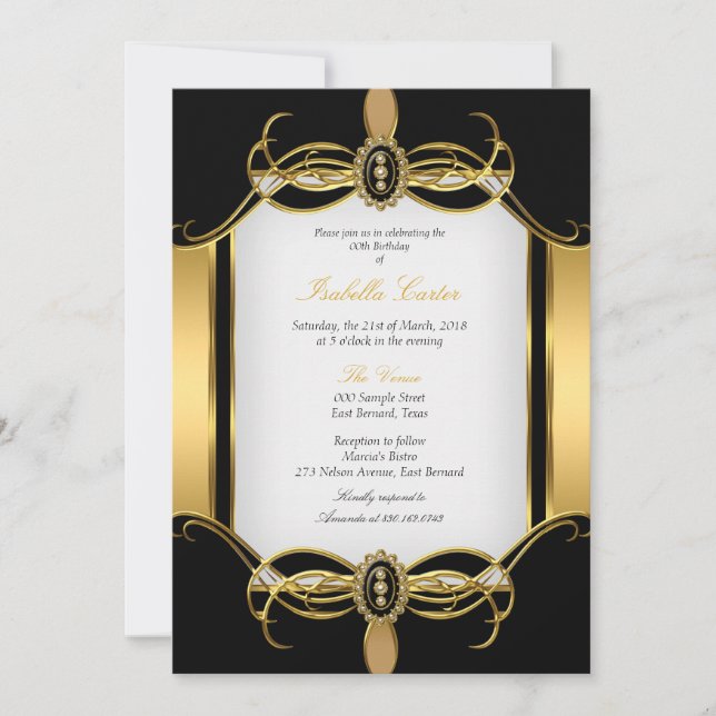 Invitación Fiesta de Cumpleaños Perla Blanca Negra Dorada Art (Anverso)