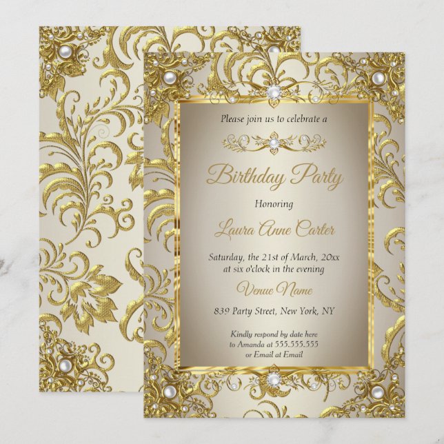 Invitación Fiesta de Cumpleaños Perla Crema Damask Oro Elite (Anverso / Reverso)