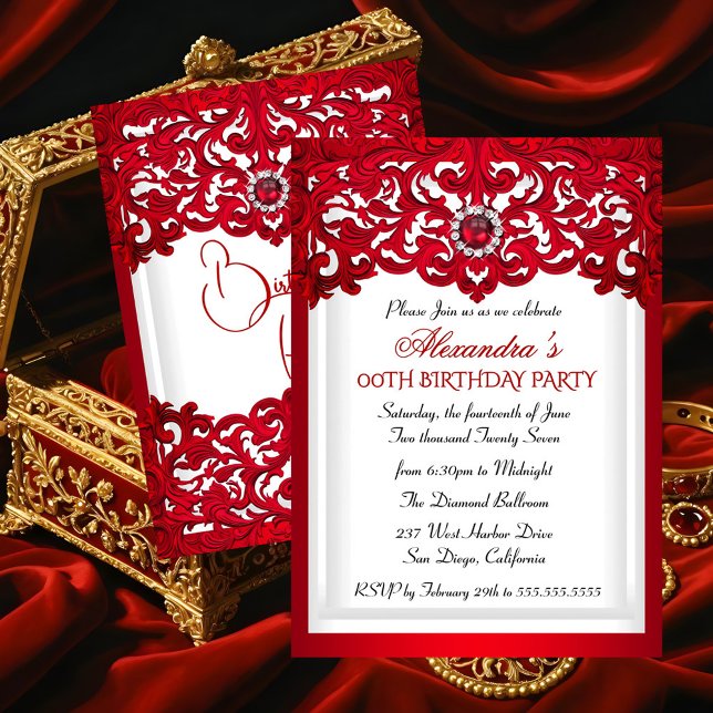 Invitación Fiesta de cumpleaños perla damasco encaje rojo bla (Subido por el creador)
