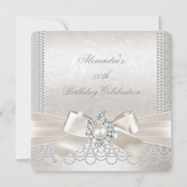 Invitación Fiesta de Cumpleaños Perla Damask Diamante Lazo de (Anverso)