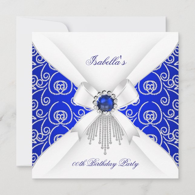 Invitación Fiesta de Cumpleaños Perla Diamante Blanco Azul Re (Anverso)