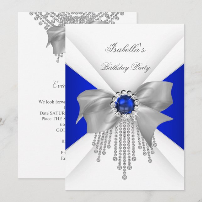 Invitación Fiesta de Cumpleaños Perla Diamante Blanco Azul Re (Anverso / Reverso)