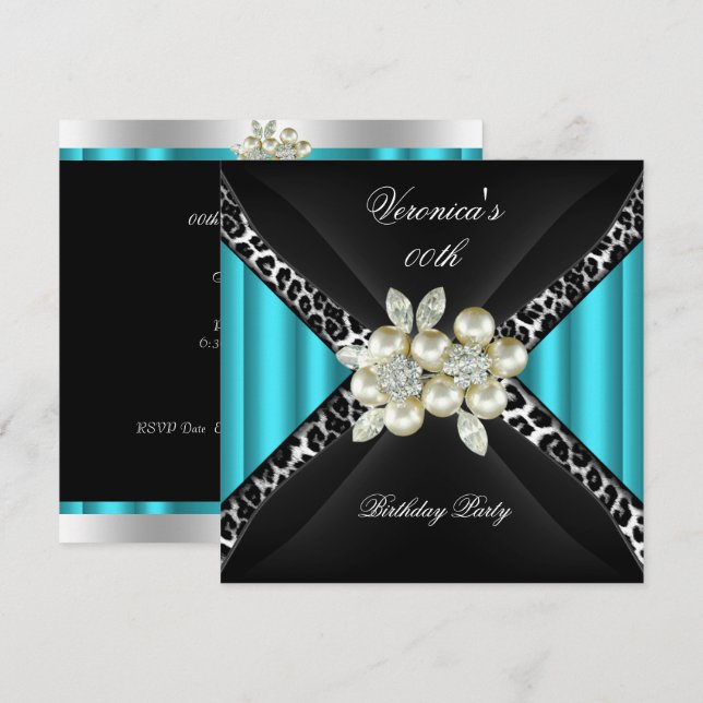 Invitación Fiesta de Cumpleaños Perla Diamante Leopardo Azul  (Anverso / Reverso)
