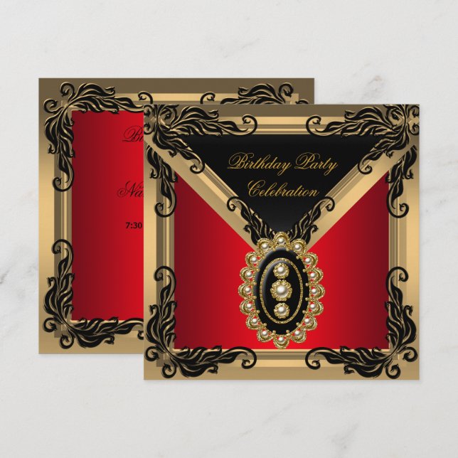Invitación Fiesta de Cumpleaños Perla Dorada Negra Roja (Anverso / Reverso)