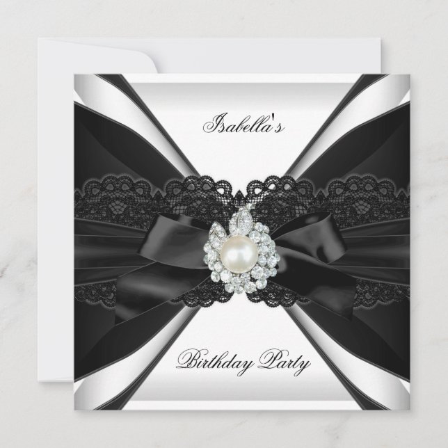 Invitación Fiesta de Cumpleaños Perla Elegante Joyas Negro Bl (Anverso)