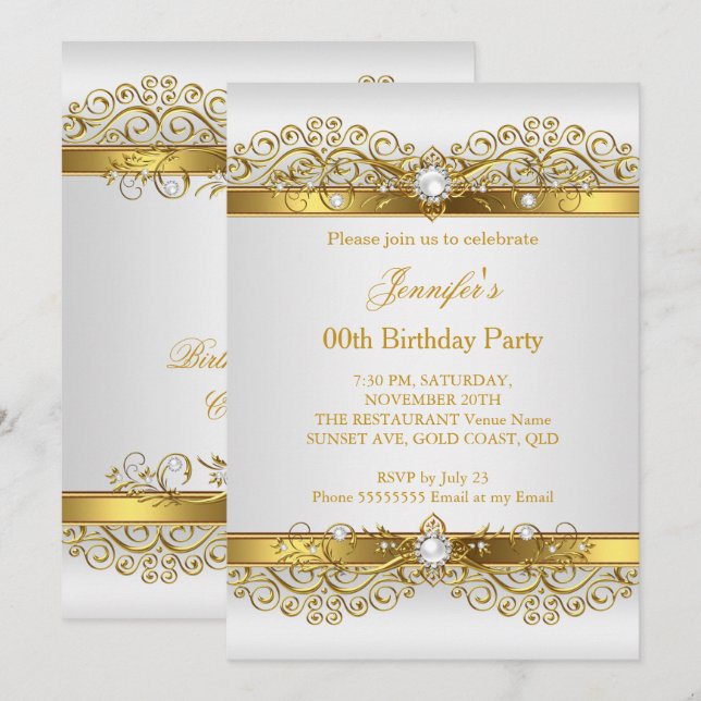 Invitación Fiesta de Cumpleaños Perla Elegante Oro Blanco Pla (Anverso / Reverso)