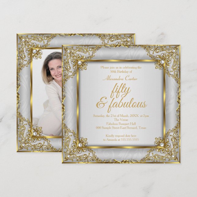 Invitación Fiesta de cumpleaños Perla gris dorada Fabulosos 5 (Anverso / Reverso)
