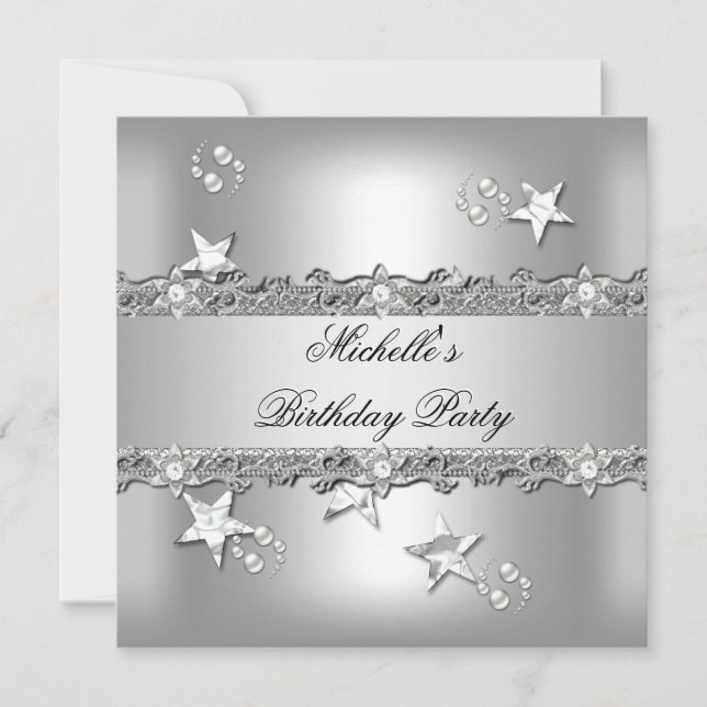 Invitación Fiesta de Cumpleaños Perla Gris Plateado Diamante (Anverso)