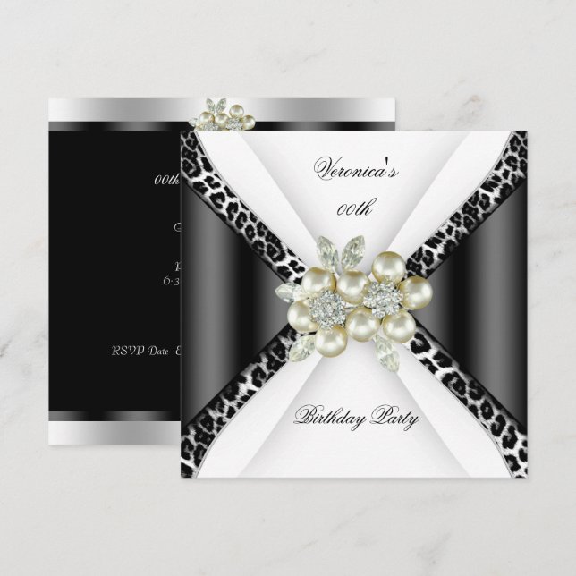 Invitación Fiesta de Cumpleaños Perla Leopardo Gris Negro Bla (Anverso / Reverso)