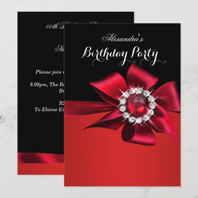 Invitación Fiesta de Cumpleaños Perla Roja Diamante Arco (Anverso / Reverso)